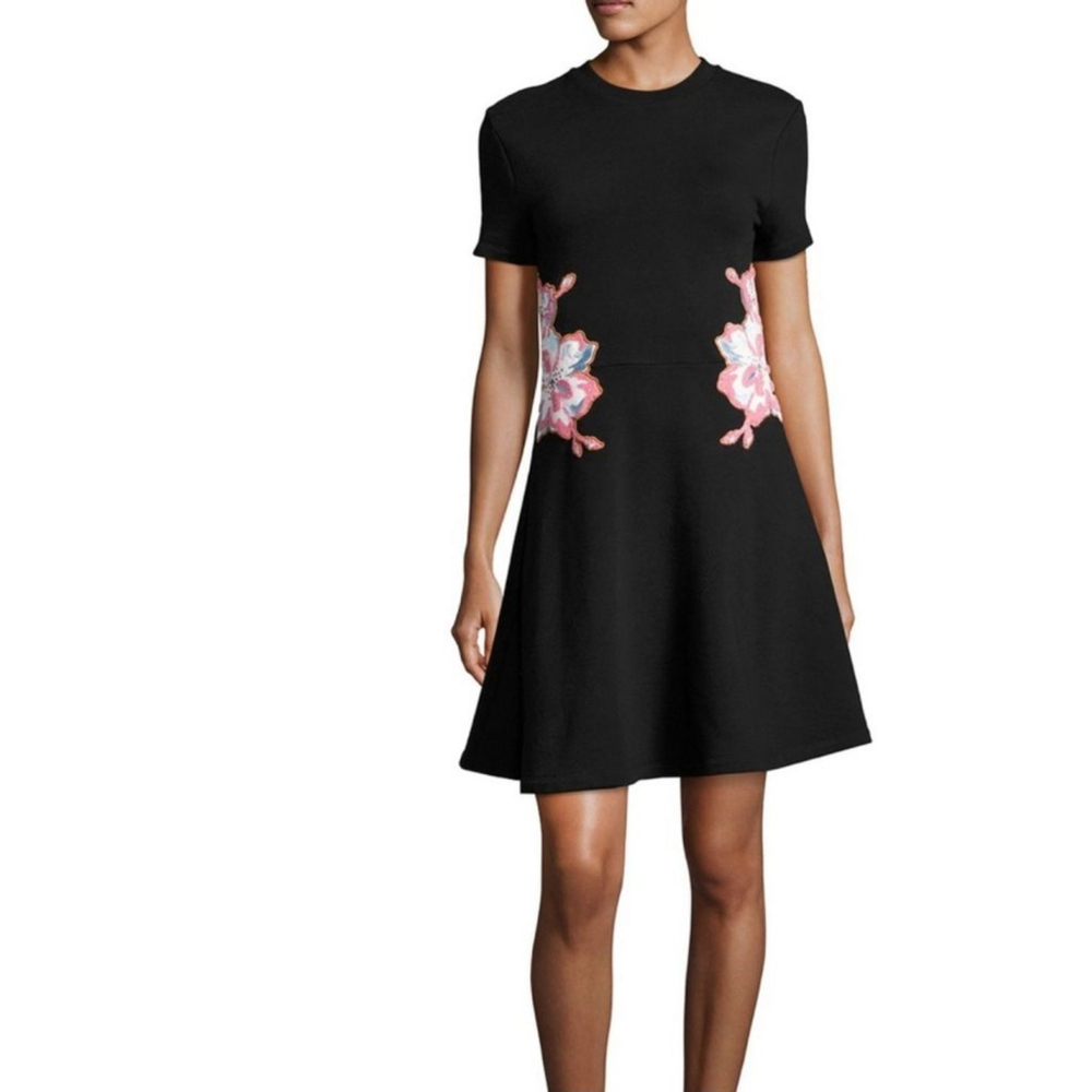 Carven Black Floral Applique Fit and Flare Dress Size Small